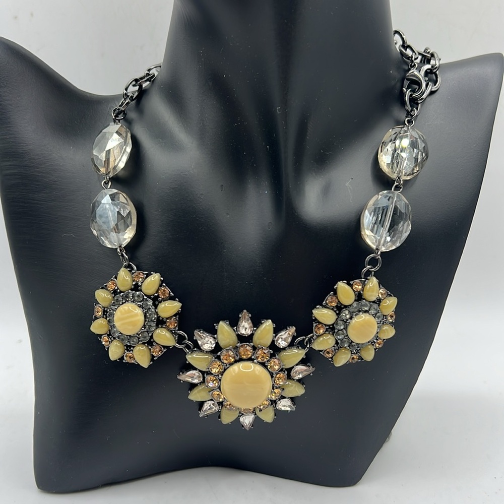 Floral Flower Medallion Silver and Gold Tone Necklace Rhinestone Boho Hippie